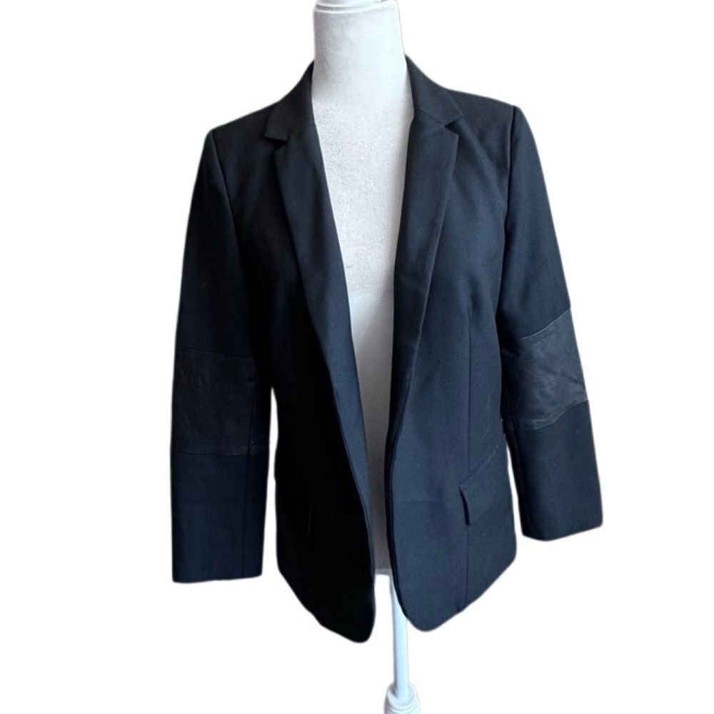 Poleci Blazer Black Open Front Career Black Leather Sleeve Detail Jacket SZ 6
